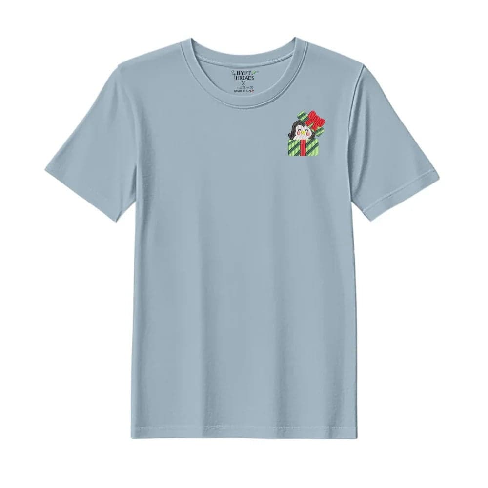 Threads XL Baby Blue Polycotton T-Shirt - Christmas "Penguin Gift Box" Embroidered Design, Premium Holiday Collection