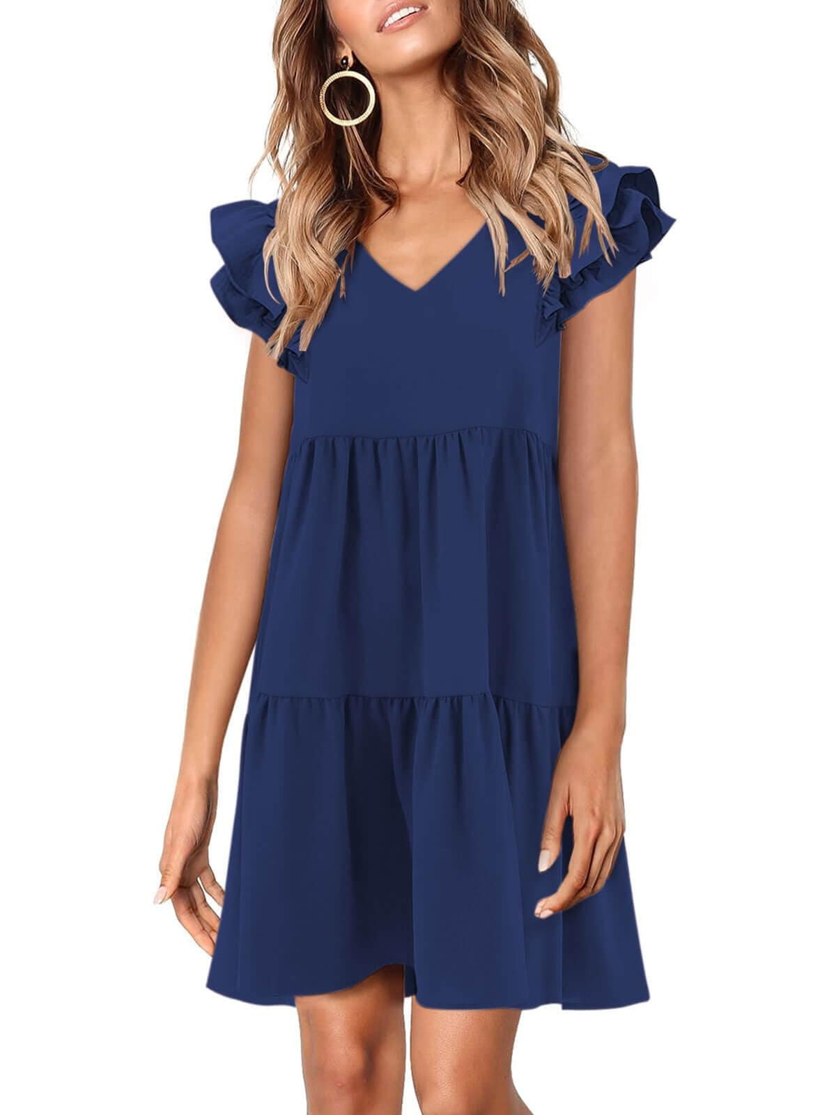 Zwurew Babydoll Dress for Women V Neck Cute Ruffle Sleeve Navy Blue Womens Summer Dresses 2025 Mini Dress Sundress