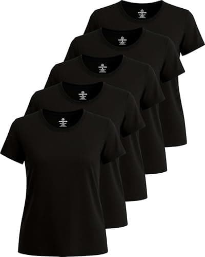 Real Essentials 5 Pack: Women's Short Sleeve T-Shirts Workout Tops Fitness Pilates Gym Activewear Athletic (Plus Available), Set 5, L, Pack of 5