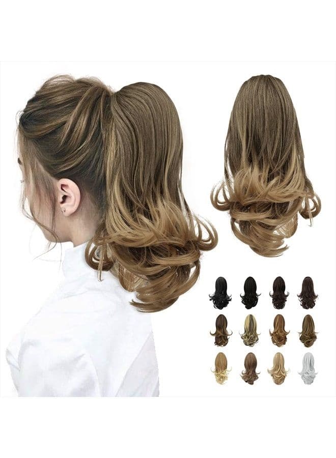 13" Ponytail Extension Long Curly Ponytail Clip in Claw Hair Extension Natural Looking Synthetic Hairpiece for Women, Ash Brown to Blonde
