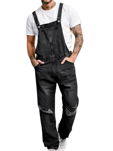 Runcati Men's Distressed Jean Denim Overall Vintage 90s Fashion Hippie Bib Ripped Jumpsuit
