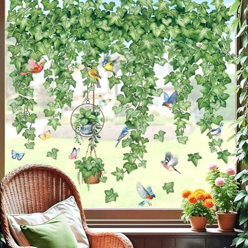 decalmile Spring Evergreen Ivy Leaves Double Sided Window Clings Hanging Green Vine Bird Butterfly Anti-Collision Glass Doors Window Stickers Decals