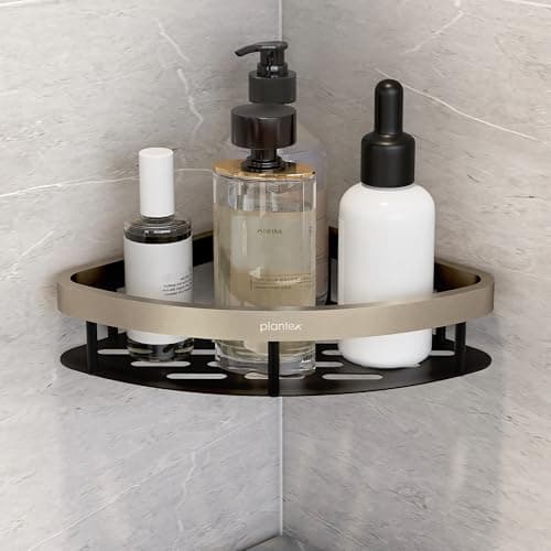 Plantex Self Adhesive Corner Shelf for Bathroom Wall/Aluminium & Stainless Steel Corner Shelf/Storage Organizer/Bathroom Accessories Set- Pack of 1 (8 x 8 inch, Satin & Black)
