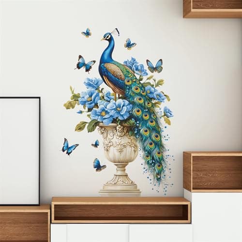 Blue Peacock Butterfly Peony Wall Stickers, sacinora Elegant Vase Peacock Flower Art Wall Decals Removable Vinyl Peel and Stick for Living Room Bedroom Sofa TV Background Home Decorations