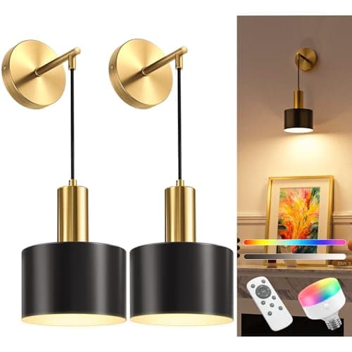 NIORSUN Battery Operated Wall Sconce Set of 2 Gold Black Wireless Rechargeable Wall Lights with 5200mAh Dimmable Detachable Bulbs and Remote 9 Colors Sconces Wall Decor for Bedroom Living Room