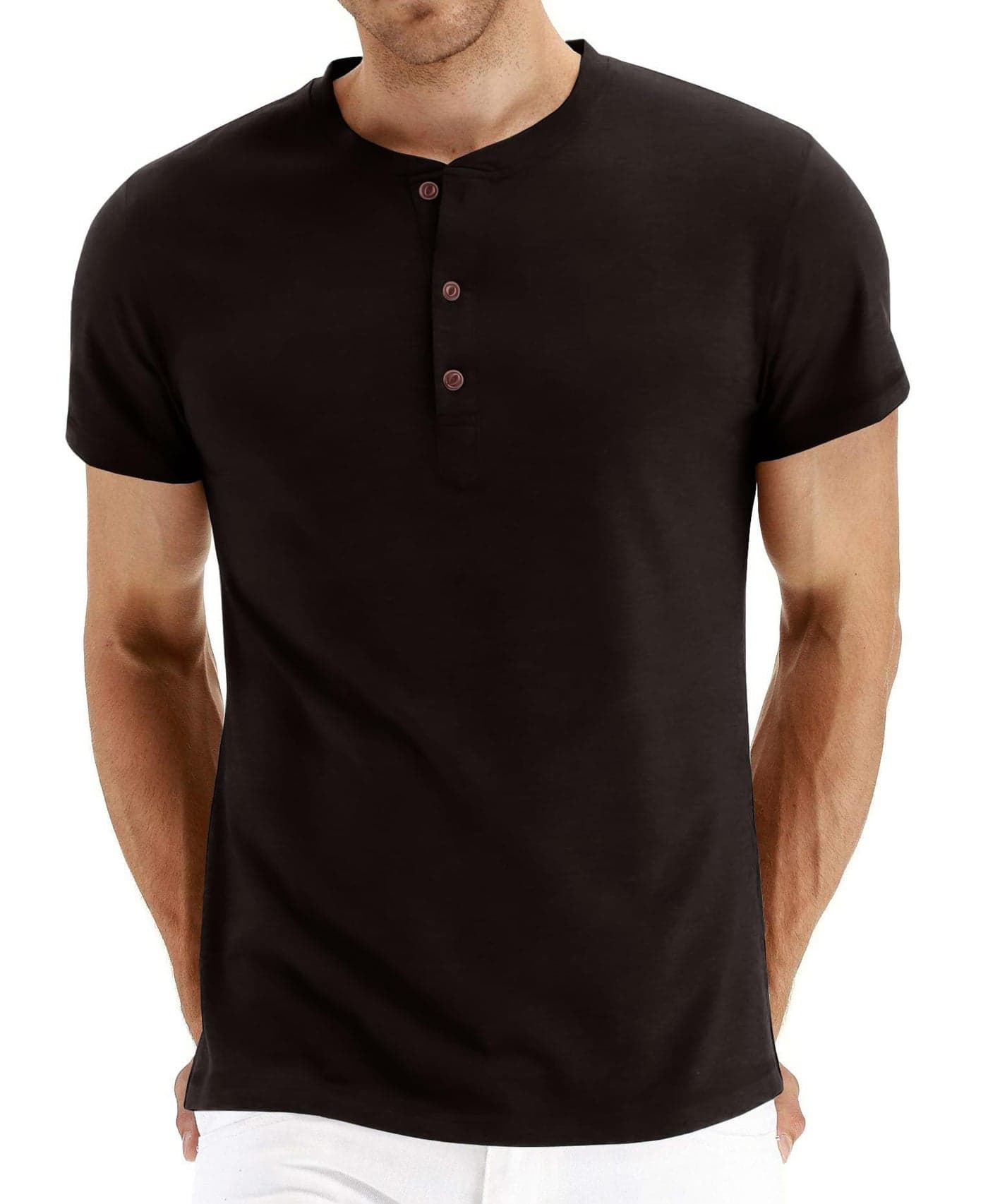 PEGENO Men's Casual Slim Fit Short Sleeve Henley T-Shirts Cotton Shirts Black-US, Medium