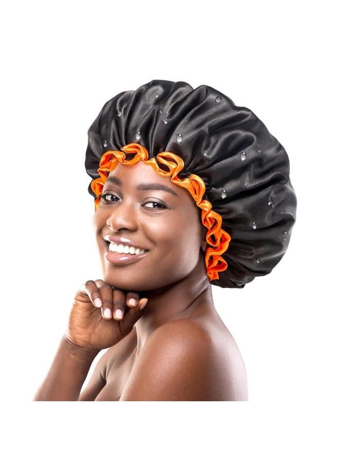 Extra Large Black Shower Caps Pack of 2 for Women and Men Thick Long Hair Braids, Reusable Waterproof Double Layers XL Bathing Hair Cap with Vibrant Orange Edge (Black)