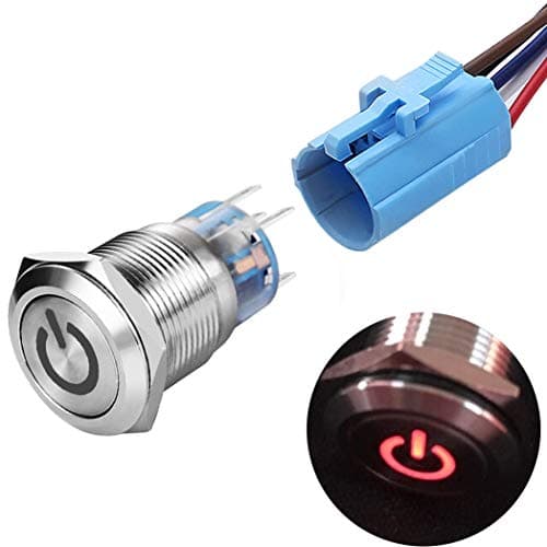 Quentacy 19mm 3/4" Latching Pushbutton Switch LED 12V DC 5A Power Symbol ON-Off Waterproof Toggle Switch Stainless Steel Shell with Wire Connector Plug(Red Light)