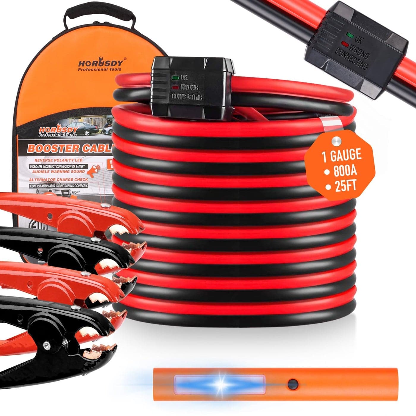 HORUSDY 25FT Jumper Cables 1Gauge 800A Heavy Duty Jumper Battery Cables 25 Ft Booster Jump Start Reverse Polarity Protection ETL Certified