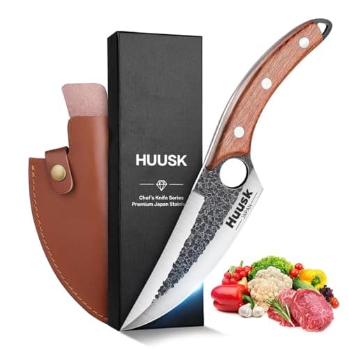 Huusk Chef Knives with Sheath, Hand Forged Viking Knife, Japanese Butcher Knife, Cool Caveman Knives for Kitchen and Outdoor Camping, Gift for Men and Women