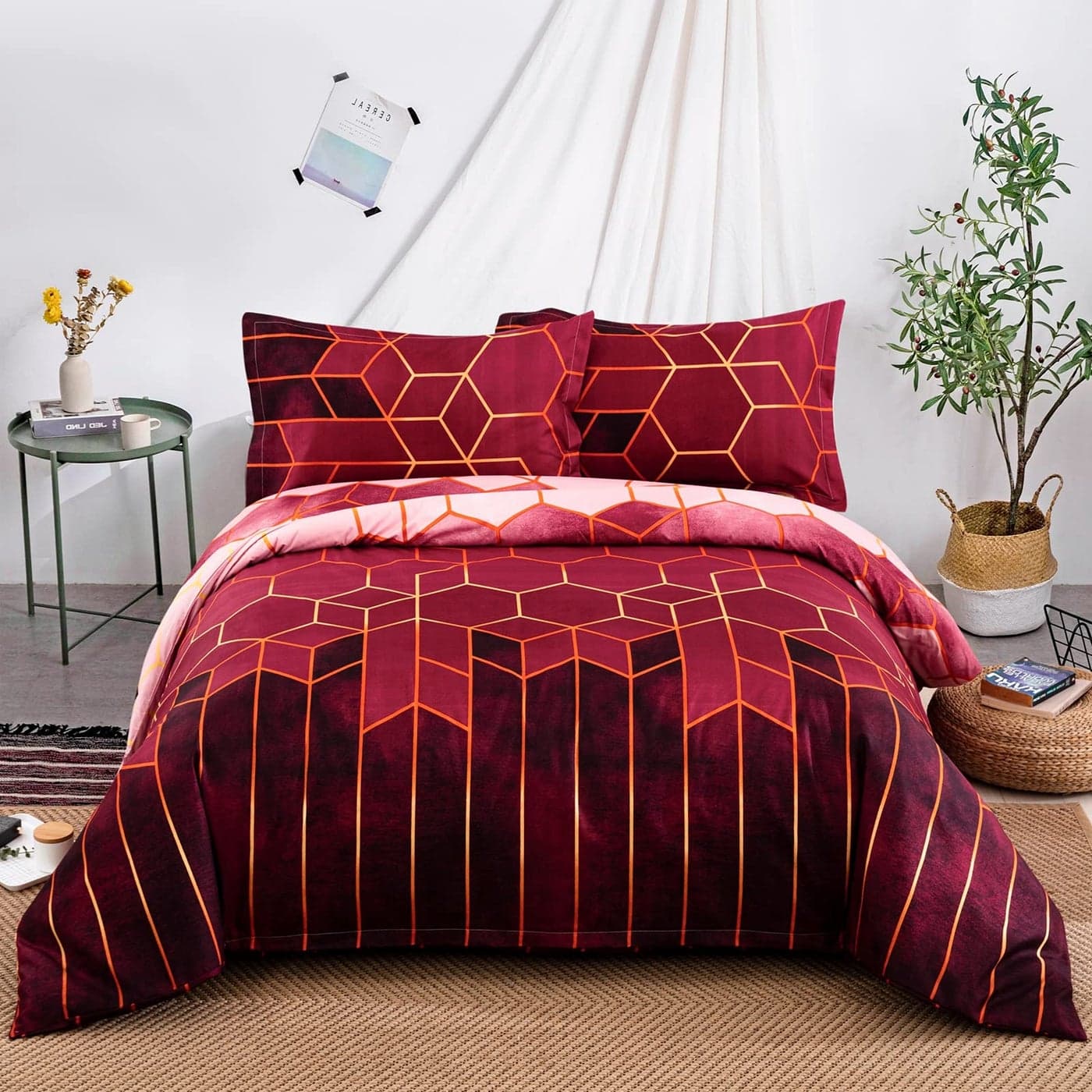 Red Geometric Duvet Cover Golden Stripes Duvet Cover Set Reversible Lightweight Bedding Sets 3pcs with Zipper Closure Double 200x200cm