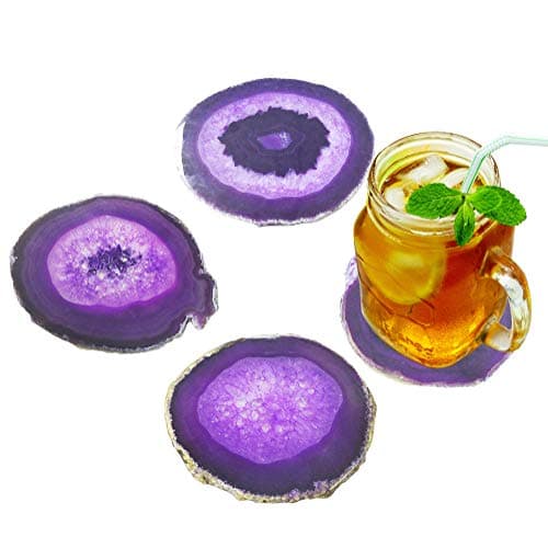 Natural Agate Coasters Set of 4, Dyed Purple 3.5-4" Geode Slices, Crystal Stone Drink Coasters with Rubber Bumpers for Mug, Coffee Cups & Glassware, Unique Home Decor