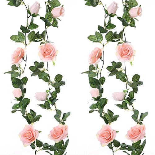 Felice Arts 2 Pack Pink Artificial Rose Garland Each 6.5FT Fake Rose Vine Hanging Floral Garland for Wedding Swing Table Centerpiece Arrangement Decor