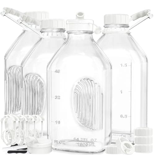 Syntic 4 Pack 2 Qt Glass Milk Bottles with Handle and Airtight Reusable Screw Lids, 1/2 Gal Glass Water & Juice Bottles with 2 Pour Spouts, 64 Oz Milk Jug Pitcher w Scale