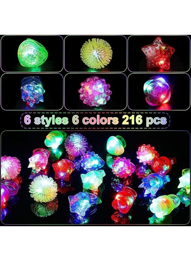 216 Pieces Light Up Rings 6 Style Flashing Rings Glow in the Dark Jelly Rings LED Light Up Bumpy Jelly Rubber Rings Blinking Light Rings Party Favor for Dance Raves Parties Classroom Prizes Gift