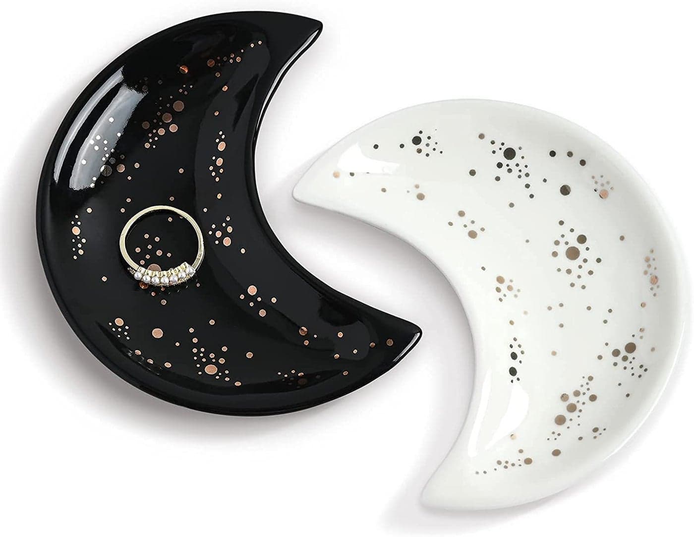 Small Moon Jewelry Dish Tray Decorative Ceramic Trinket Dish Modern Accent Tray for Vanity 2pcsWhite and Black
