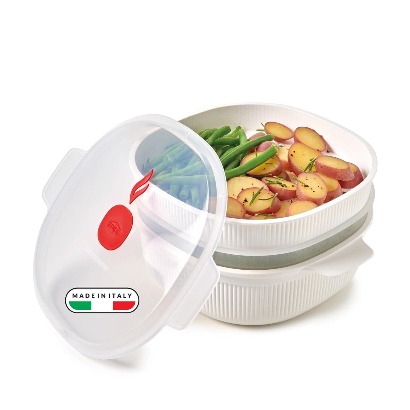 Snips Microwave Steamer with 2 Baskets 4 LT Meat Fish and Vegetable Steamer 265 x 22 x 135 cm Microwave steamer for vegetables White and red 100 Made in Italy 0 BPA