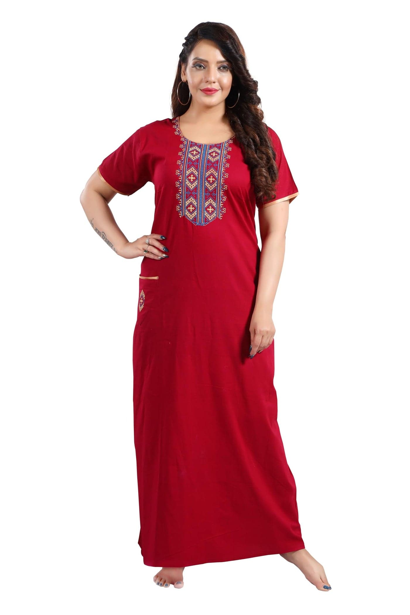 TRUNDZ Women's Maxi Printed Pure Cotton Nighty(10706) Red Free Size