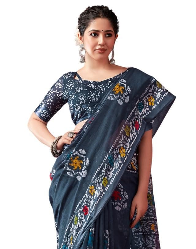 SIRIL Women's Cotton Blend Saree | Printed Saree With Unstitched Blouse Piece (3528S2471A_Grey)