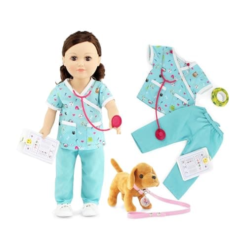 Emily Rose 18 Inch Doll Clothes 10PC Doctor Vet Nurse Scrubs Accessories 18 Doll Gift Playset Including Stethoscope Puppy Collar and Leash Fits American Girl Dolls USA Brand