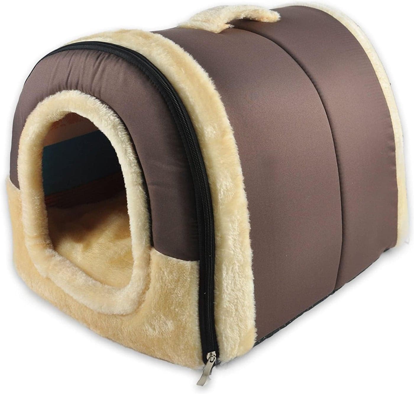 KOZI PET Igloo Dog House, Portable Cat Igloo Bed with Removable Cushion, 2 in 1 Washable Cozy Dog Igloo Bed Cat Cave, Foldable Non-Slip Warm for Pets Puppy Kitten Rabbit (Brown, L)