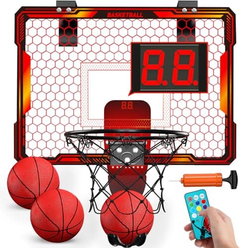 HYES Remote Control Basketball Hoop Indoor with 7 LED Lighting Mini Basketball Hoop with Electronic Scoreboard 3 Modes Over Door Basketball Hoop Basketball Toys Sport Gifts for Kids Adults red