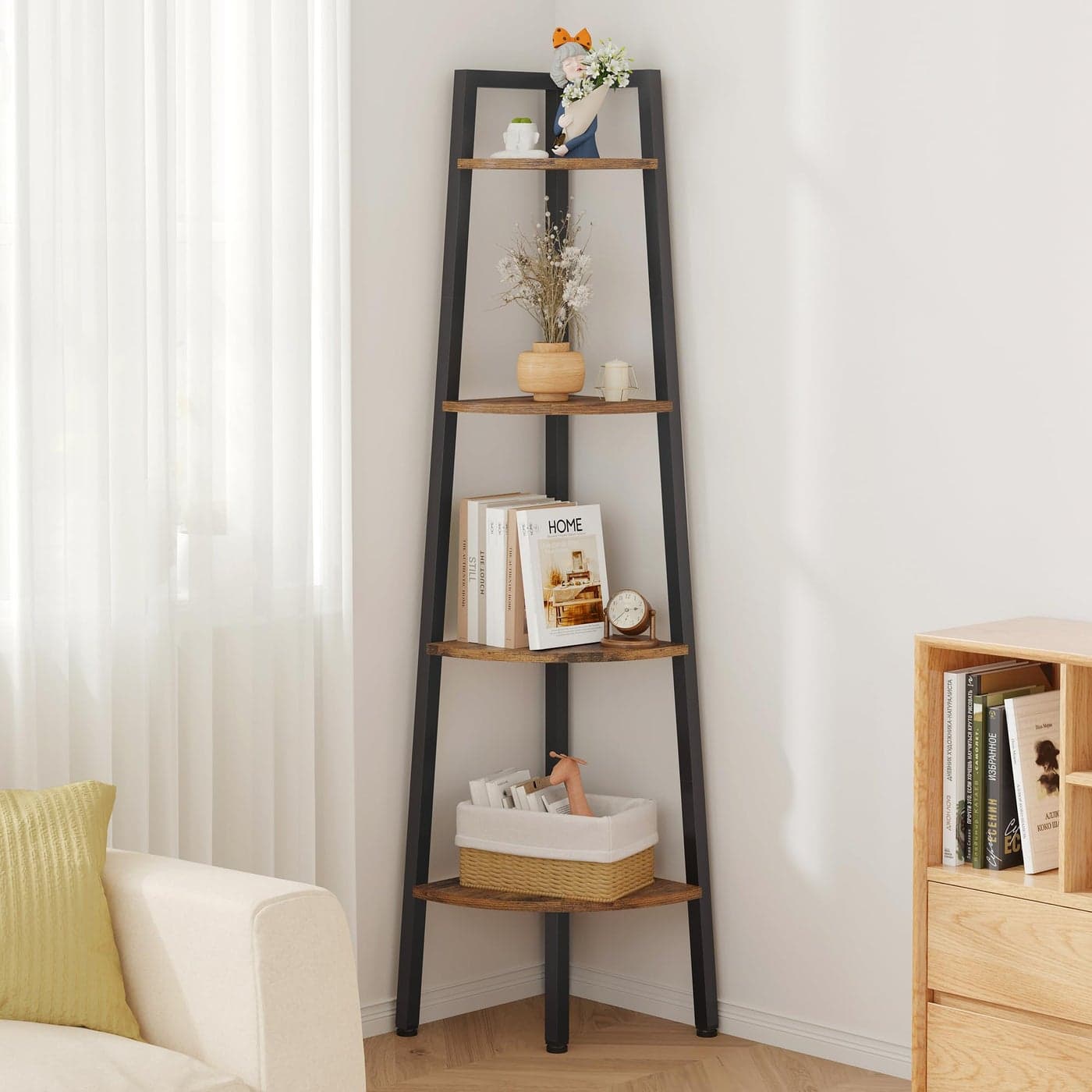 Hoctieon Corner Shelf 4Tier Corner Bookshelf Rustic Ladder Shelf Industrial Display Stand for Living Room Kitchen Home Office Balcony Small Space Metal Frame Rustic Brown