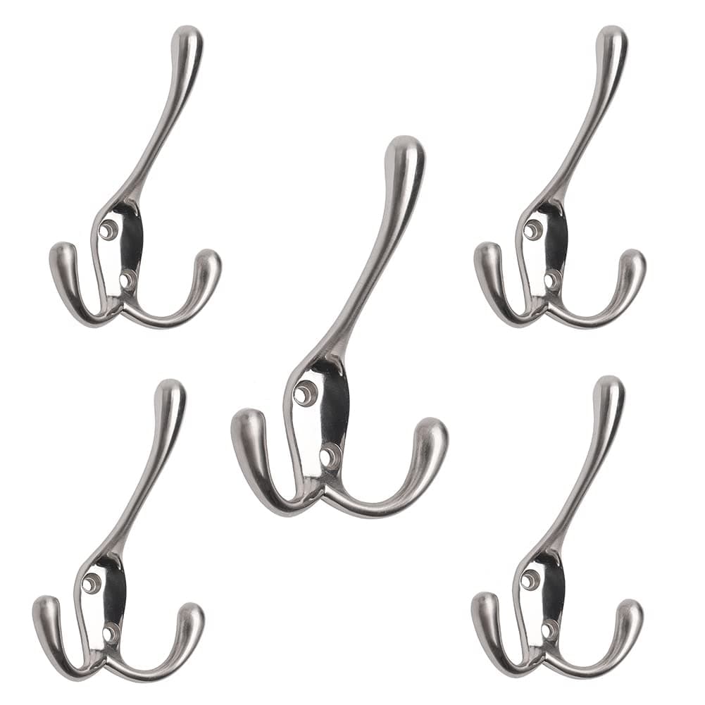 Coat Hooks with Three Flared Prongs35 Inch Heavy Duty Coat Hat Hook 5 Pack Satin Nickel
