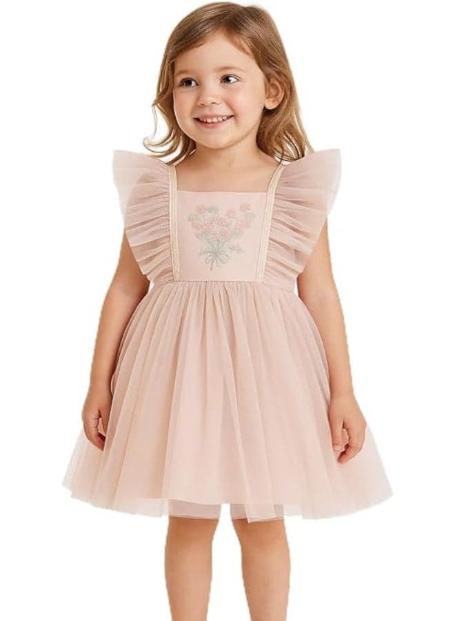 Elegant Girls Party Dress, Blush Pink Tulle with Flutter Sleeves, Floral Embroidered Bodice, Special Occasion Wear for 2-6 Years (UAE/KSA, Age, 5 Years, 6 Years)