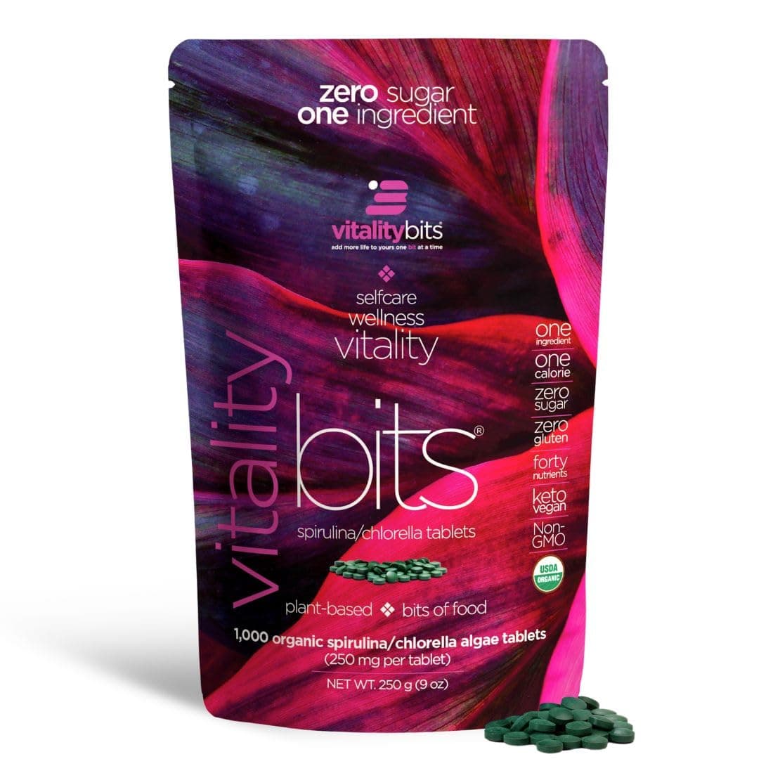 VITALITYbits Organic Blended Spirulina Chlorella Tablets Algae Superfood Energy Self Care Beauty Replace Greens Supplements Protein Snacks Vegan Keto Gluten Free 1000 Tablets Bag