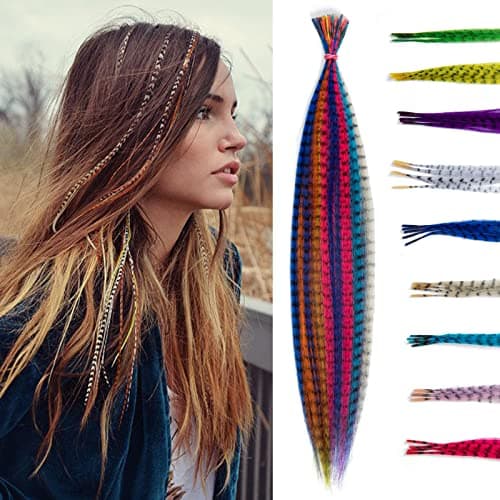 SARLA Synthetic Feather Hair Extensions Kit 16 Inch 50 Pcs Itip Hair Feathers for Women 10 Mixed Colors with Plier Hook Beads Heat Friendly Fiber