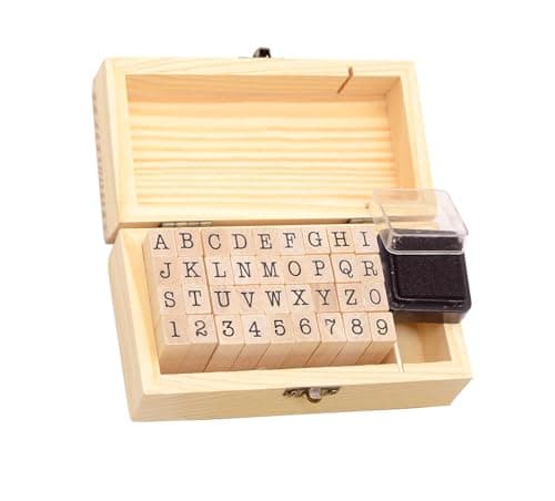 36Pcs Wooden Rubber Stamps Number Letter Alphabet Stamps Mini Cute DIY Stamps Set for Craft Decorating Scrapbooking and Wedding Invitation Cards 36pcs B