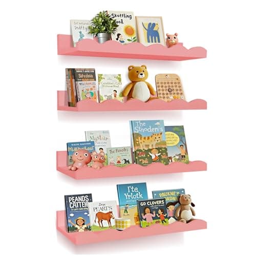Bxngjuj Nursery Book Shelves, 4 Pack Pink Floating Shelves for Wall, Wood Scalloped Shelves for Storage Books, Wall Book Shelf for Kids Rooms, Bedroom, Toddler Room, Baby Room, Nursery Decor