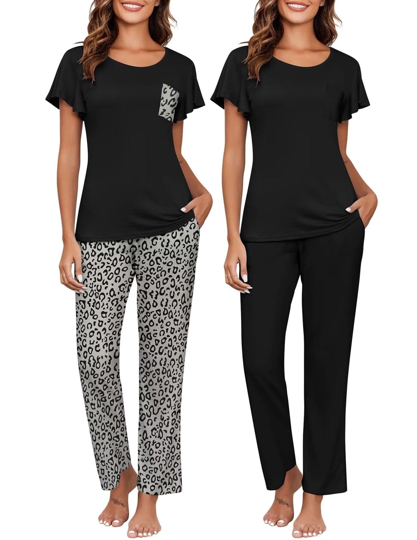 Ekouaer 2 Pack Womens Pajama Sets Short Sleeve with Long Pajama Pant Set Soft Sleepwear Printed Pj Lounge Set with Pockets