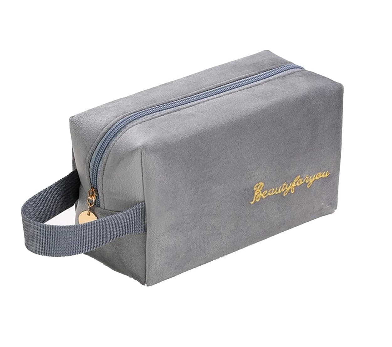 BLUE BEADS Plain Simple Cosmetic Velvet Makeup Pouch Portable Travel Toiletry Bag for Women and Girls (Grey)