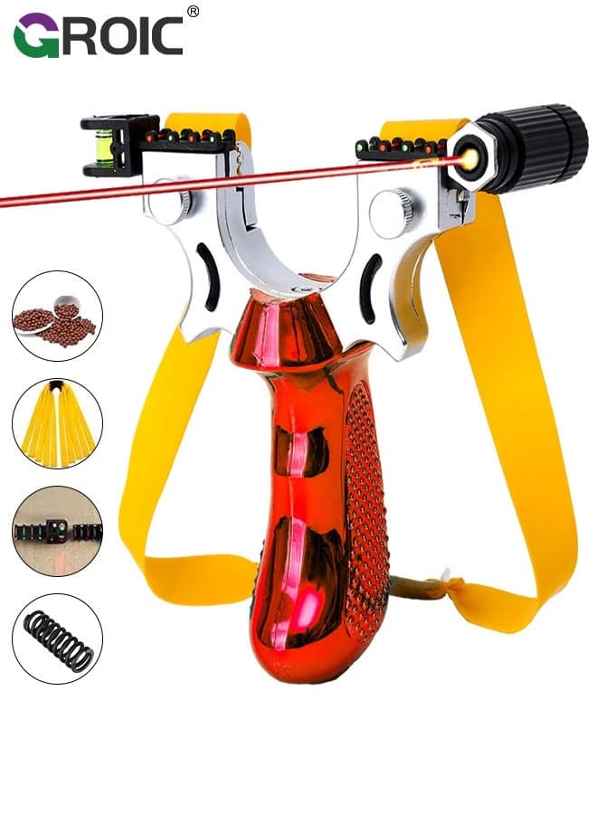 Professional Slingshots Set, Heavy Duty Flat Band Slingshot with Level Gauge, Laser Slingshot High Precision Flat Leather Slingshot with Laser Fast Bow Special for Outdoor Hunting Catapult - Red