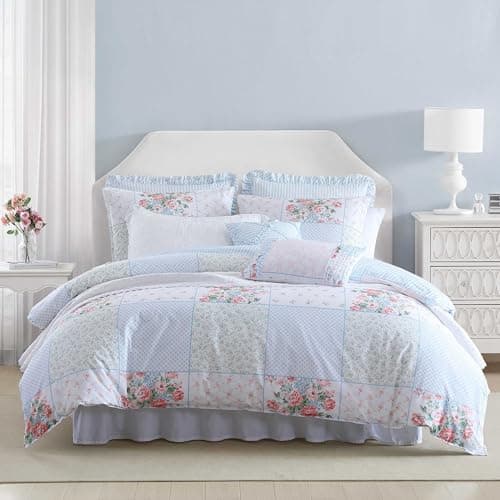 Laura Ashley - Duvet Set, Super Soft & Cozy Bedding, Includes Matching Shams & Bonus Throw Pillow Covers, Luxurious Home Decor (Hope Patchwork Blue, Full/Queen)