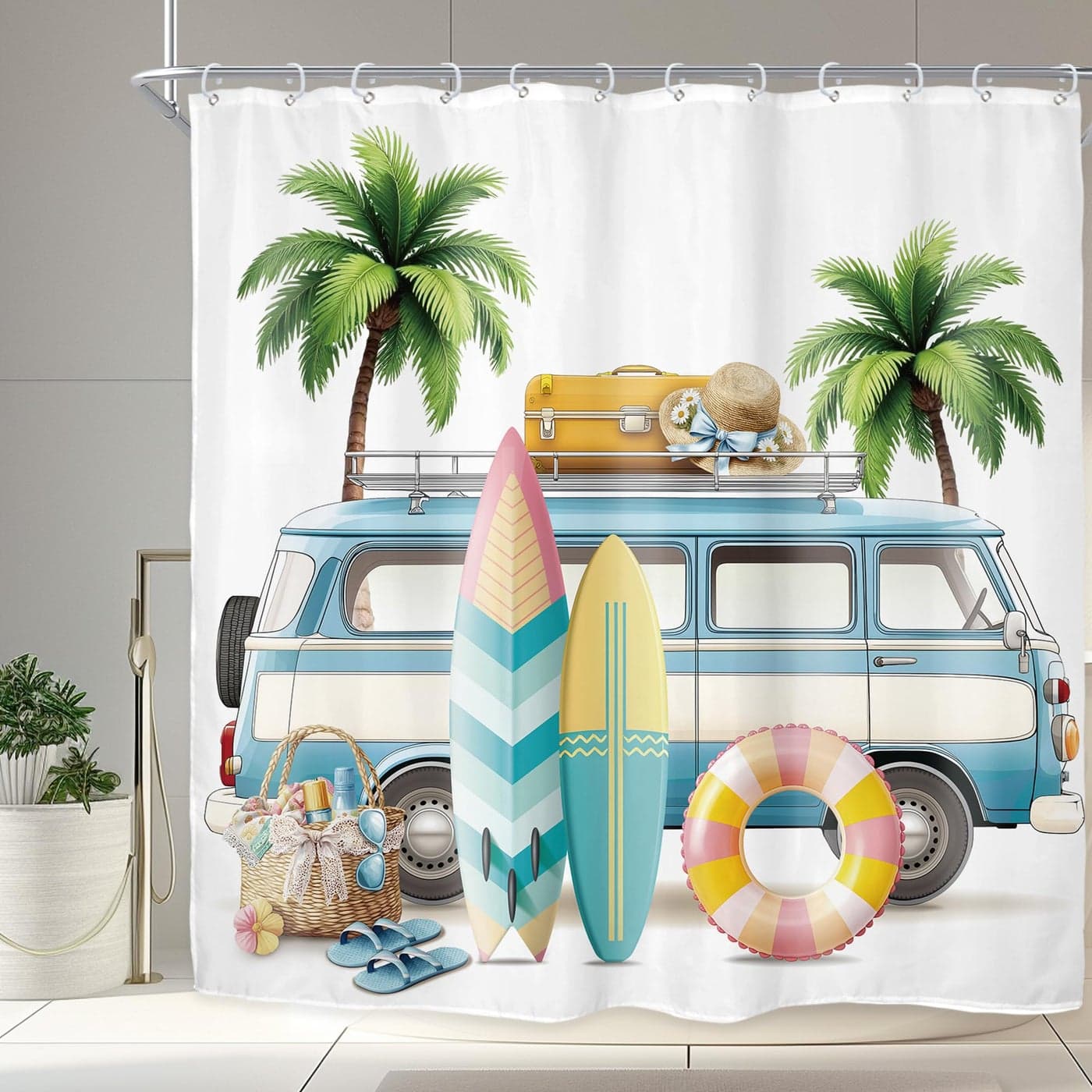 Riyidecor Beach Surf RV Fabric Shower Curtain Set for Bathroom Decor 72Wx72H Inch Coastal Theme Bath Accessories for Men Boys Tropical Palm Trees Pattern Camping Car Bathtub 12 Pack Plastic Hooks