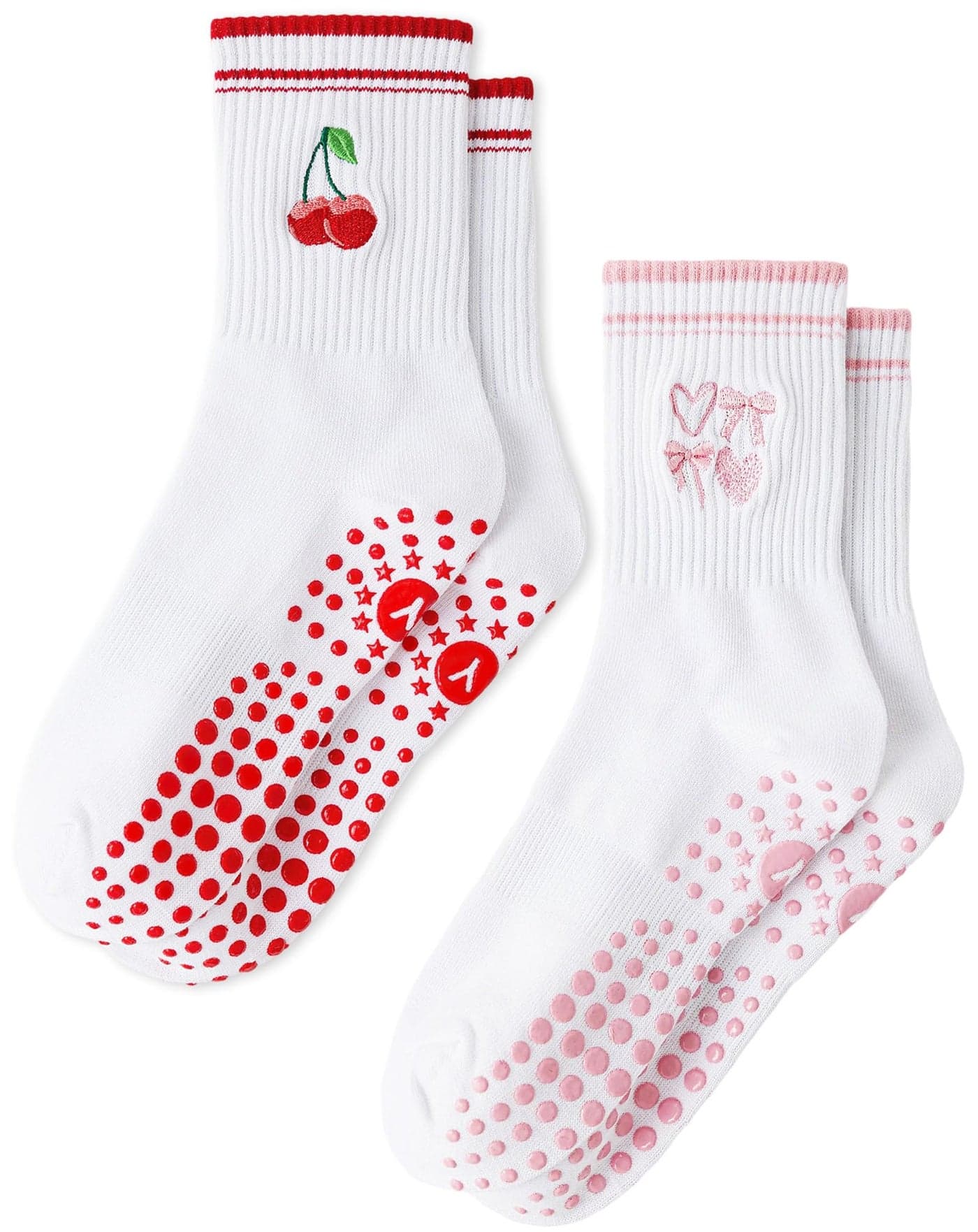Yawlsow Pilates Grip Socks for Women Yoga Grippy Socks Cute Barre Non Skid Athletic Crew Sticky Sock Workout Hospital (US, Alpha, One Size, Regular, Regular, 2 Pack-Red & Pink)