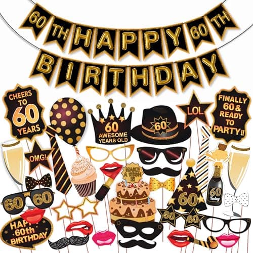 Wobbox 60th Birthday Photo Booth Party Props Brown & Golden Glitter with 60th Birthday Bunting Banner, Birthday Party Decoration, Birthday Party Item