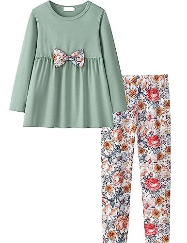 Yekaty Girls Outfits Kids Soft 2 Pcs Clothes Set Green Crewneck Tops With Bowknot Floral Loose High Waist Leggings Sets