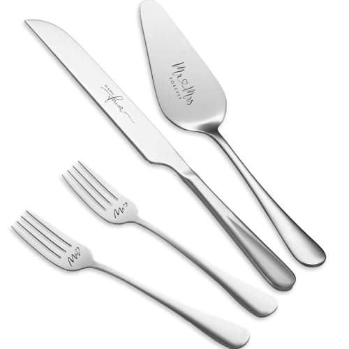 Silver Cake Cutting Set for Wedding, Cake Knife and Server Set, Bride & Groom Cutter Server Set and Forks, Birthday, Wedding, Bridal Shower Gifts for Couples