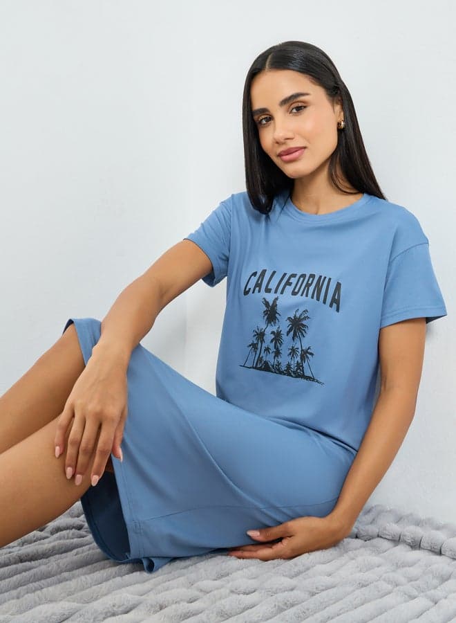 Blue California Print T-Shirt Dress