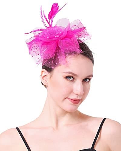 Handy Lidy Fascinators Hats Flower Hair Clip Feathers Tea Party Wedding Derby Cocktail Mesh Pillbox Headwear for Women-Hot Pink-01