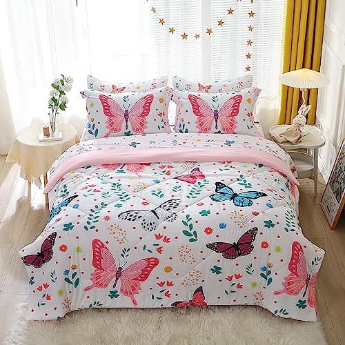 Jameswish Butterfly Comforter Set Twin Size for Girls Kids Teens 7 Piece Bed in A Bag Colorful Butterflies Flower Leaves Bedding Set All Season Lightweight