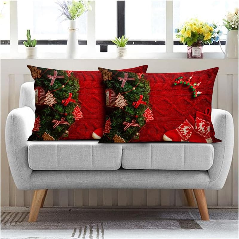 BMRGIFTS Soft Fabric Designer Decorative Printed Merry Christmas Theme Pillow Cover Xmas Decorations for Sofa Living Bed Room Set of 2, 12x18 inch Multi (CHMPC63)