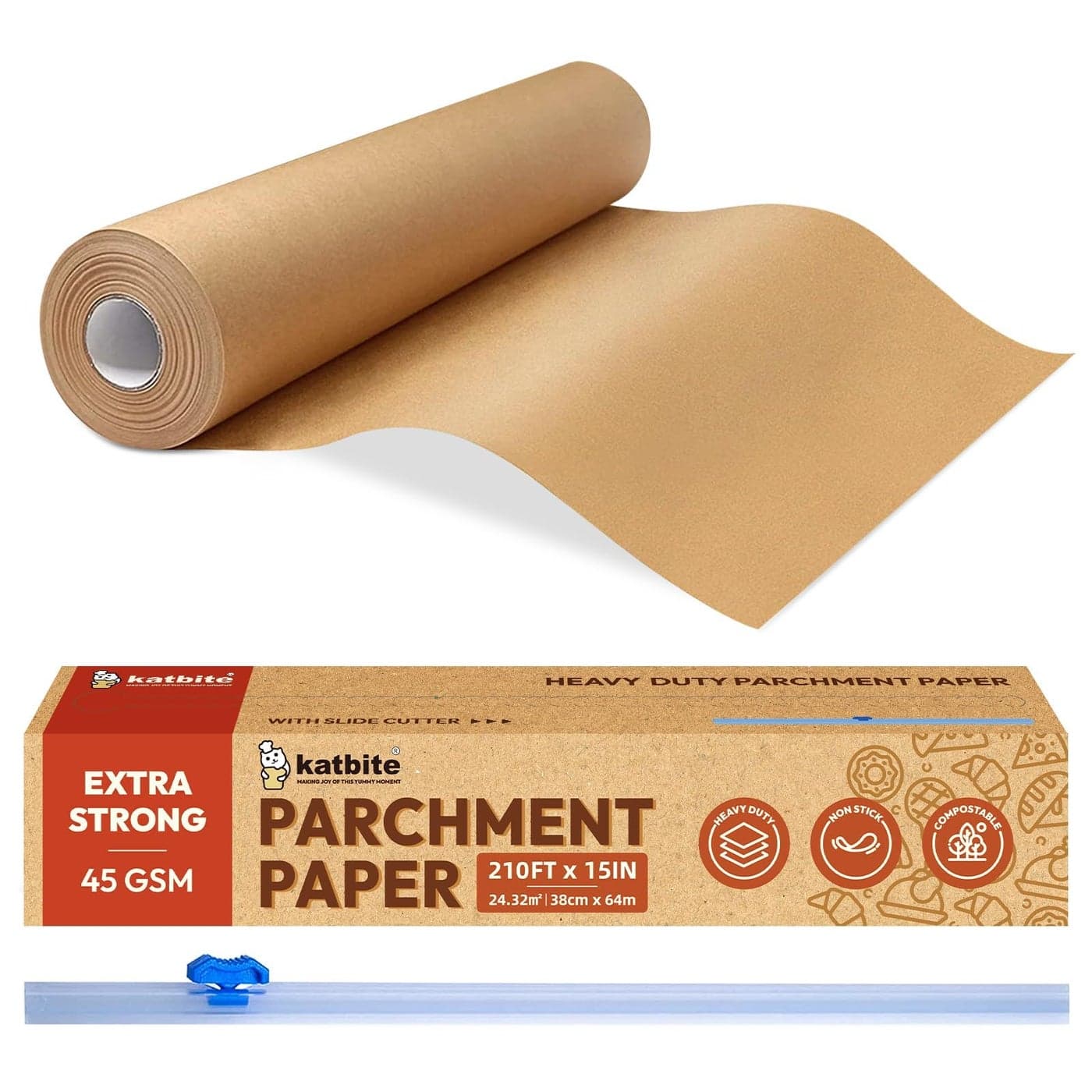 Katbite Parchment Paper Roll for Baking 15 in x 210 ft 260 SqFt Heavy Duty Baking Paper with Slide Cutter Easy to Cut Nonstick Cooking Paper for Bread Cookies Air Fryer Steaming Grilling