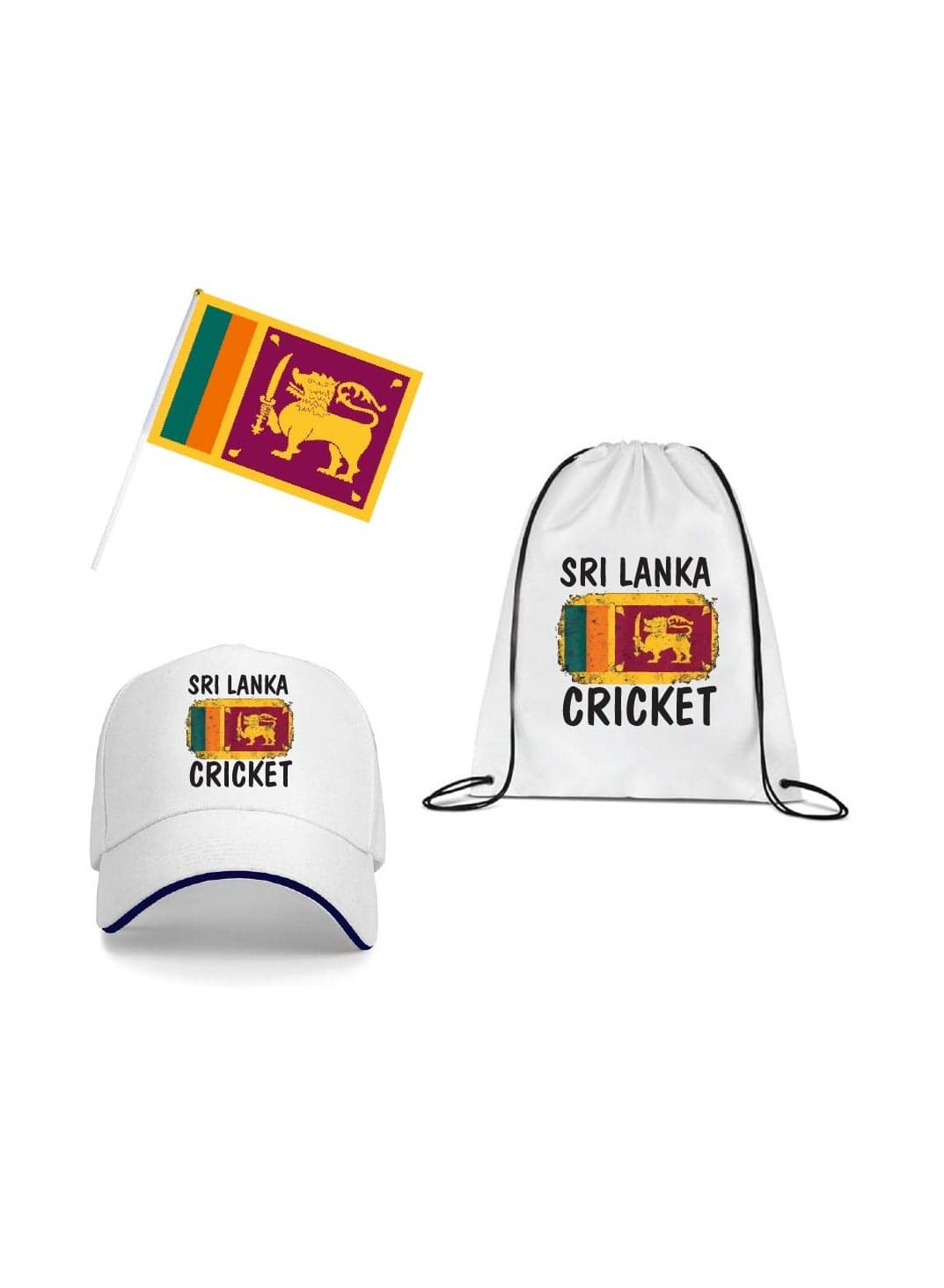Sri Lanka Sports Fans Combo Pack - Pack of 3 - Drawstring Bag, Hand Flag and Cap - Sri Lanka Sports Enthusiasts Combo Pack - Ideal for Sports Matches and Events