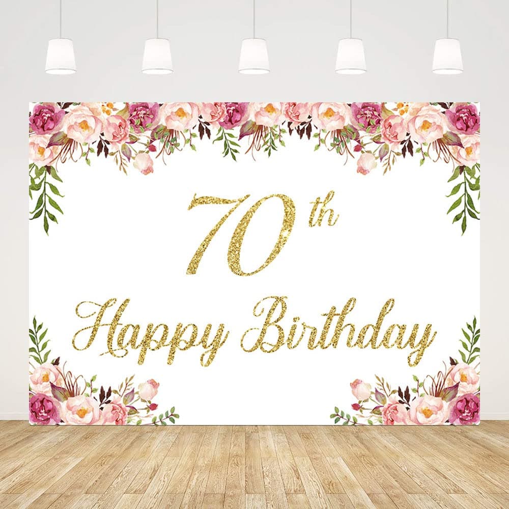 ABLIN 7x5ft Happy 70th Birthday Backdrop for Women Pink Flowers Photography Background 70th Birthday Decorations for Women Cake Table Banner Photo Shoot Props CQ302