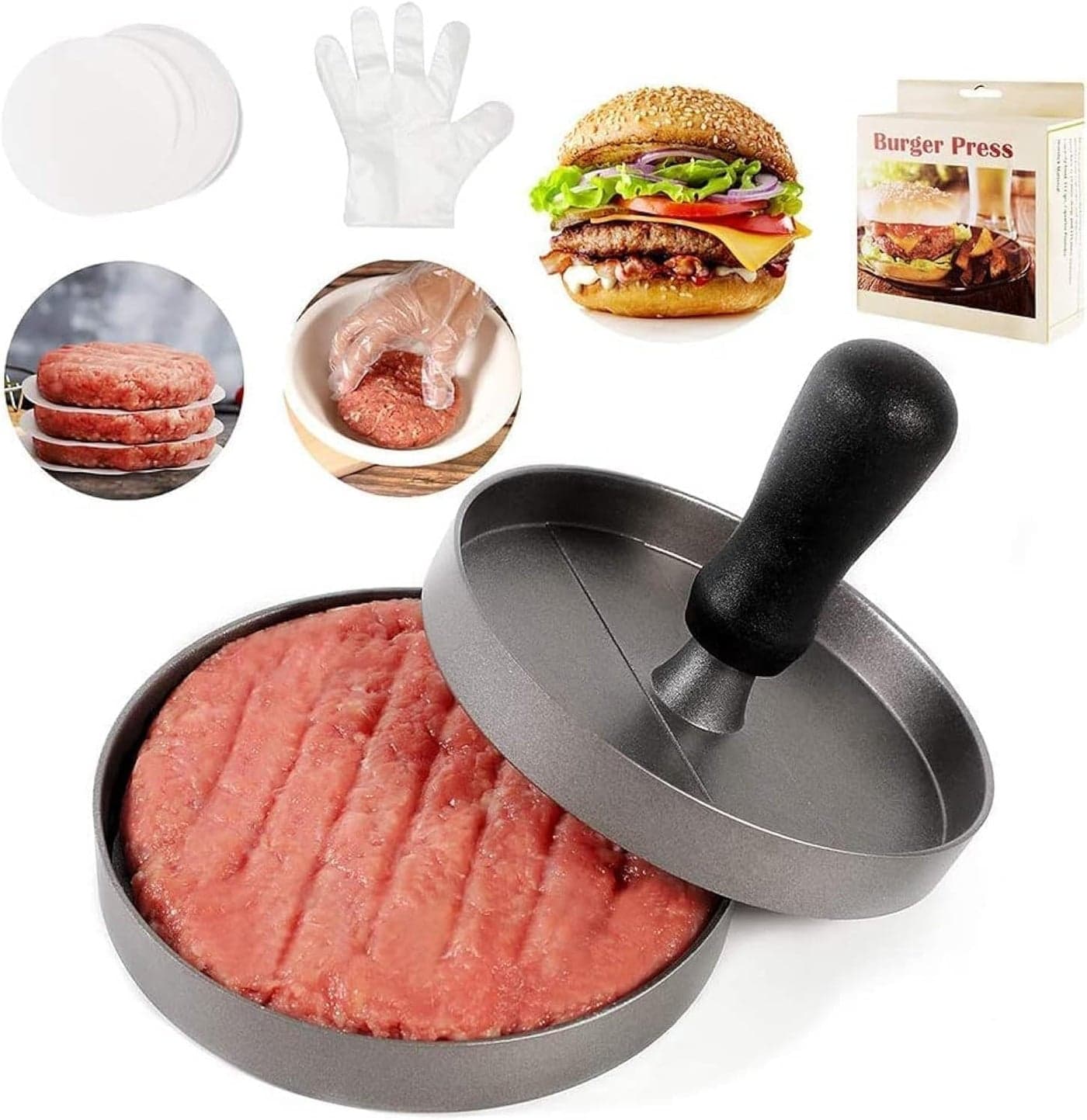 BUDOBEG Hamburger Press Patty Maker for 14 to 12 Lb Aluminum NonStick Burger Press with Wax Paper Plastic Gloves and Spatula 45 in Diameter